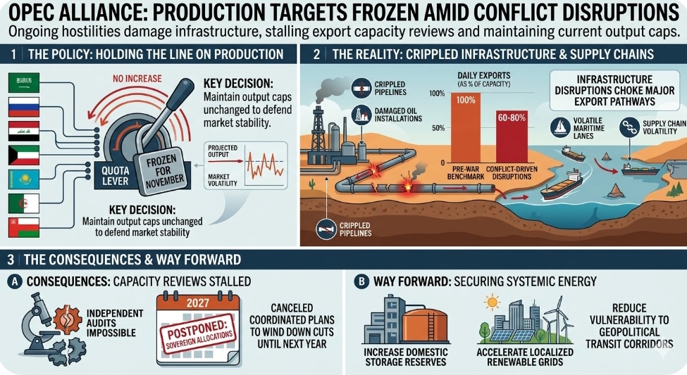 OPEC alliance freezes production targets as conflict halts regional oil infrastructure