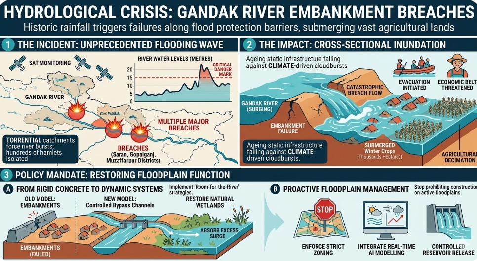 Torrential downpours trigger catastrophic embankment breaches along the Gandak River