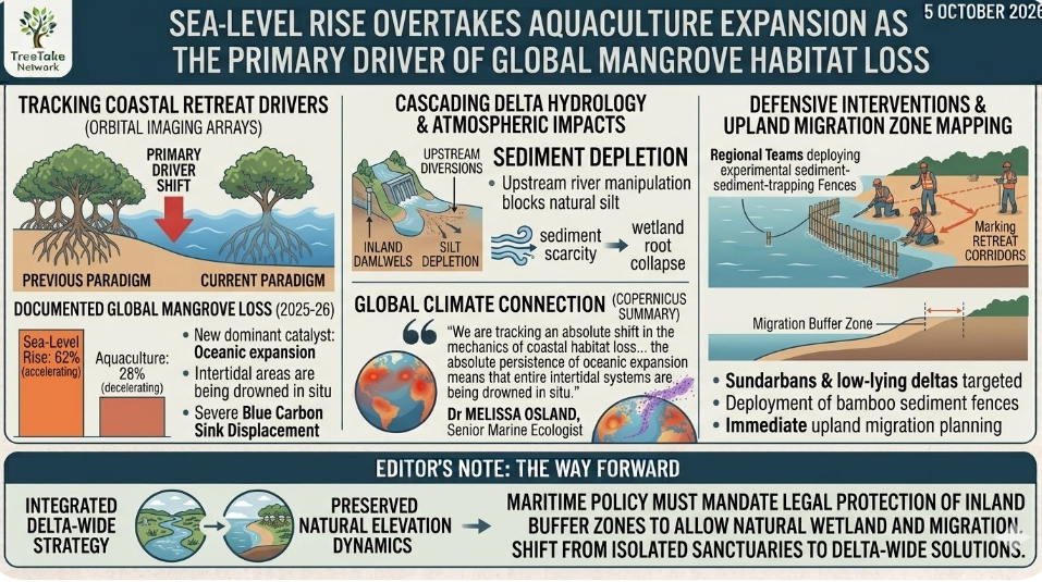 Sea-level rise overtakes aquaculture expansion as the primary driver of global mangrove habitat loss