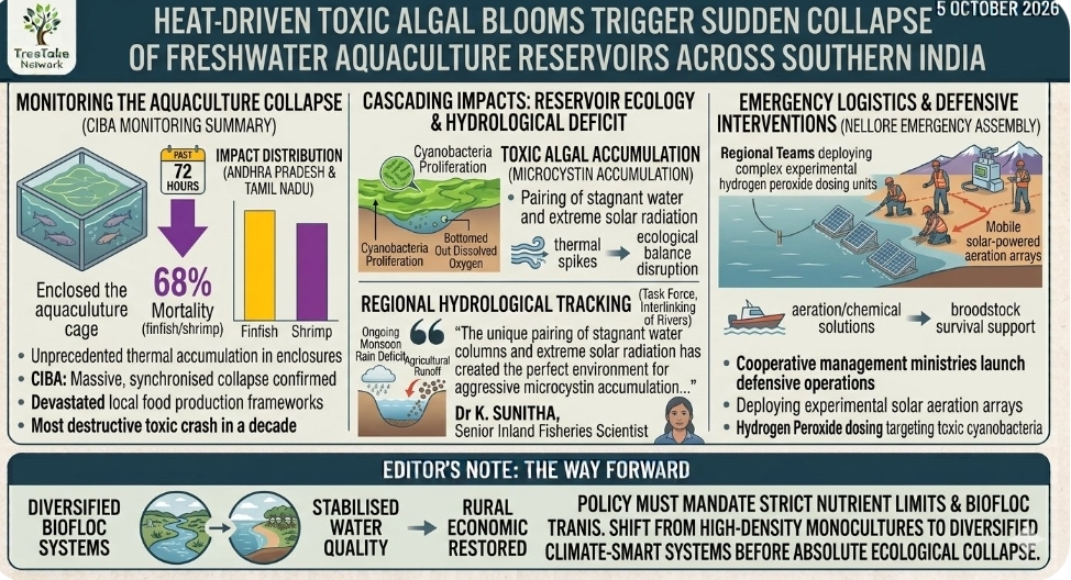 Heat-driven toxic algal blooms trigger sudden collapse of freshwater aquaculture reservoirs across southern India