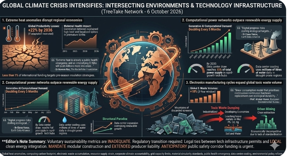 Global climate crisis intensifies as extreme heat, technology infrastructure, and legal battles intersect