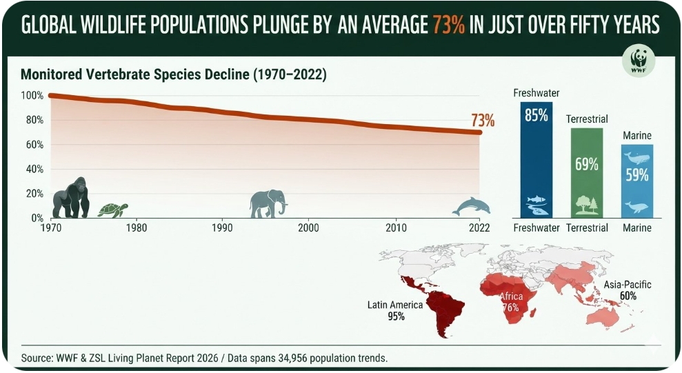 Global wildlife populations plunge by an average seventy three percent in just over fifty years