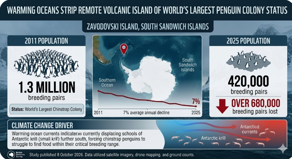 Warming oceans strip remote volcanic island of worlds largest penguin colony status