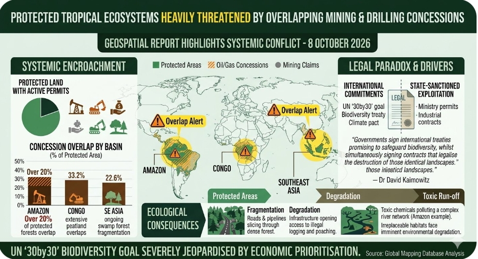 Protected tropical ecosystems heavily threatened by overlapping mining and drilling concessions