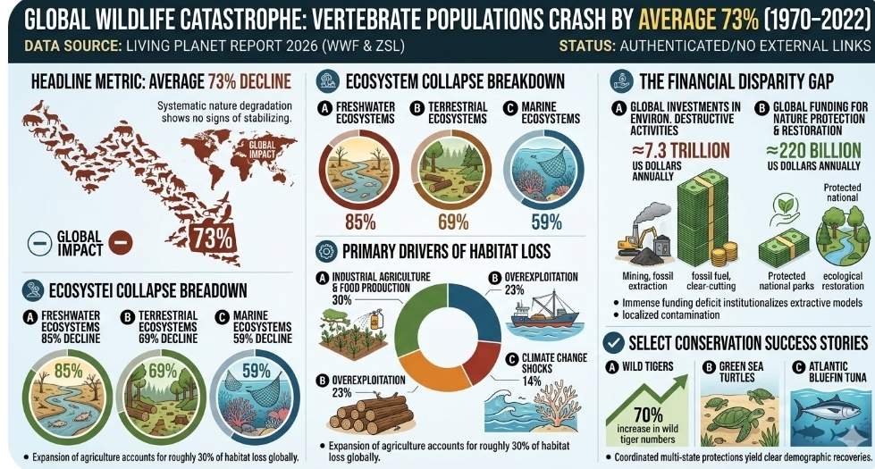 Global vertebrate wildlife populations crash by average seventy three per cent over fifty year span
