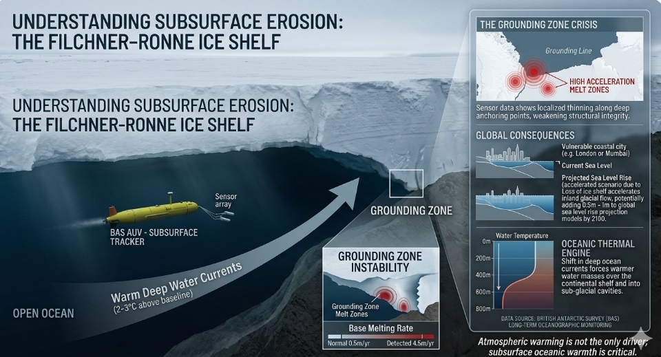 Unexpected localised melting detected beneath crucial Antarctic ice shelf