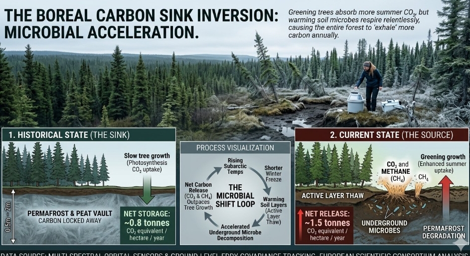Accelerating soil microbial activity transitions parts of northern boreal forest into net carbon sources