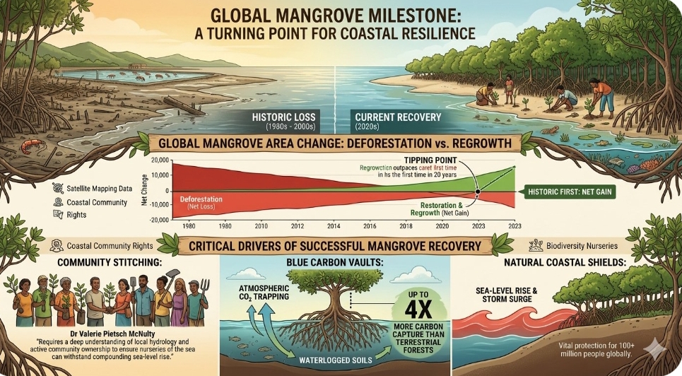 Global mangrove ecosystem restoration outpaces historic deforestation rates for the first time in two decades