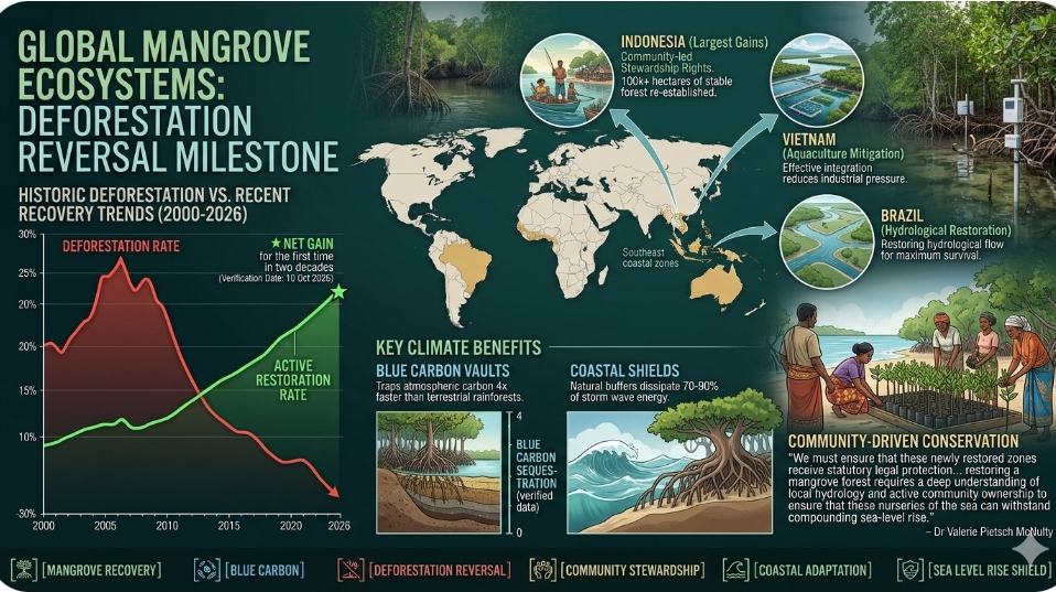 Global mangrove ecosystem restoration outpaces historic deforestation rates for the first time in two decades