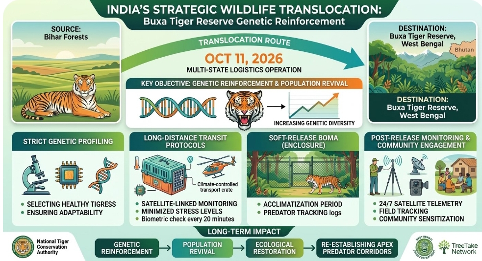TreeTake Network A major multi-state wildlife translocation initiative has successfully transferred a healthy adult tigress from the plains of Bihar to the Buxa