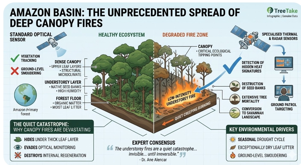 Satellite imagery confirms unprecedented deep canopy fires expanding across the Amazon basin