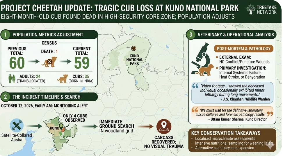 Tragic setback for Project Cheetah as eight month old cub passes away at Kuno