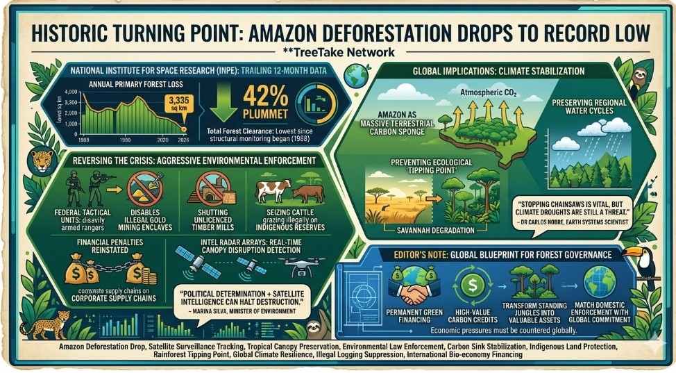 Amazon deforestation drops to historic record low following aggressive environmental enforcement campaigns
