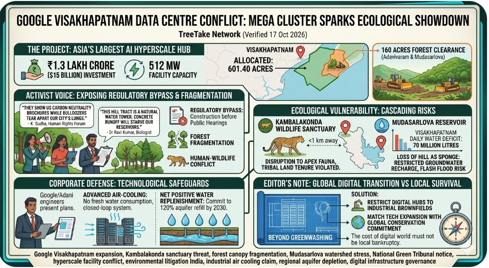 Google mega data centre construction on Visakhapatnam hills sparks heavy ecological protests over severe forest fragmentation