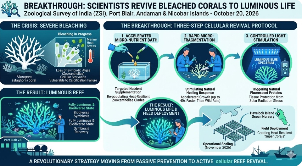 Indian marine biologists successfully revive severely bleached corals to luminous life in groundbreaking laboratory experiments