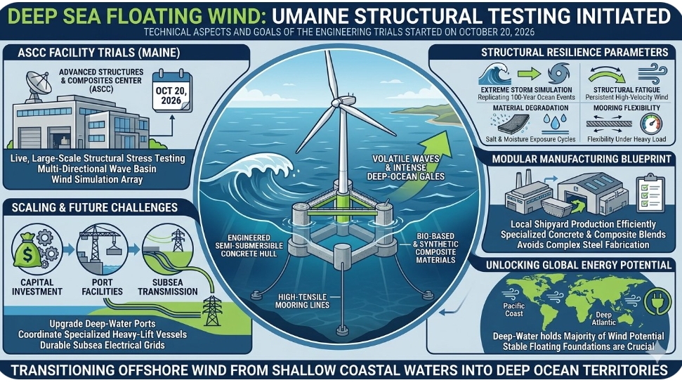 University of Maine starts structural testing on massive deep sea floating wind turbines engineered for severe ocean environment