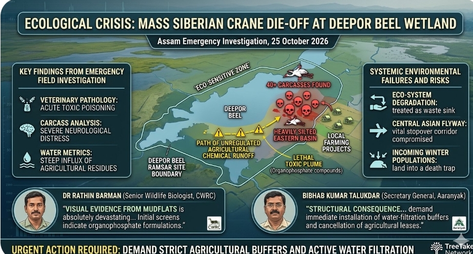 Mass die-off event of migratory Siberian cranes in Deepor Beel wetland triggers emergency investigation