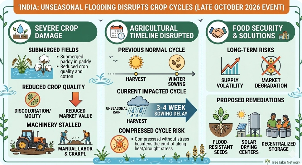 Unseasonal flooding disrupts agricultural planning and crop cycles across multiple Indian regions