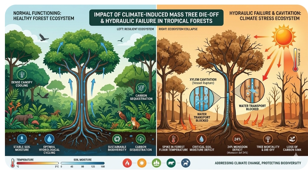 Climate stress triggers unprecedented mass tree die-off and hydraulic failure across sensitive forest zones